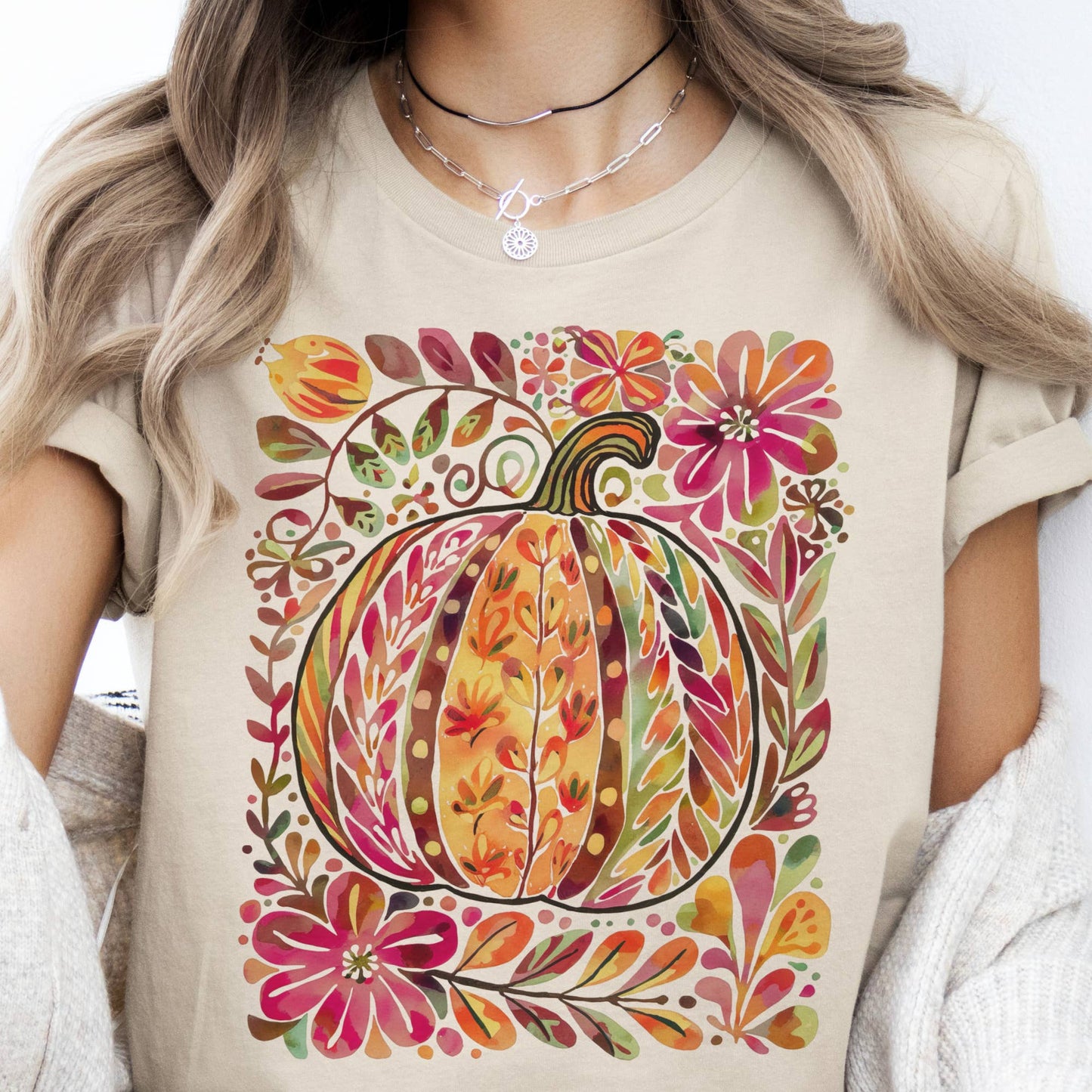 Autumn Floral Pumpkin Fall Leaves Thanksgiving Graphic Tee
