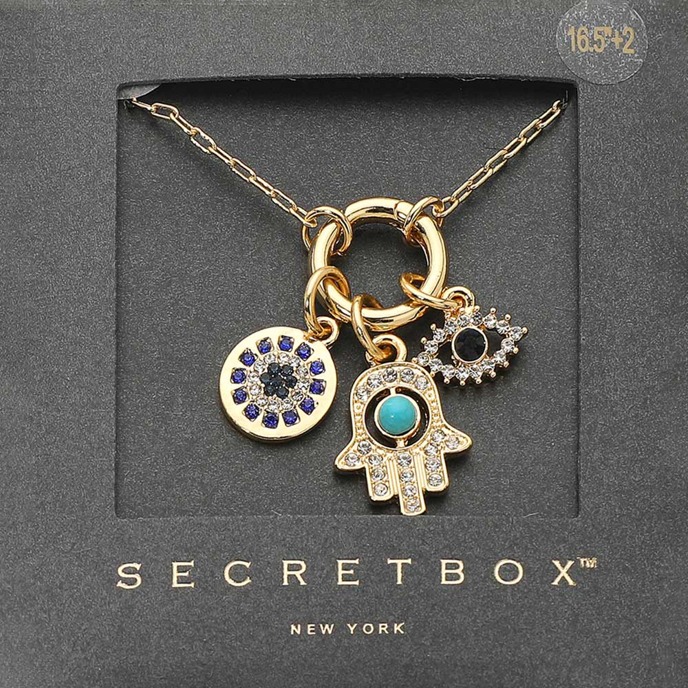 SECRET BOX_Hamsa Hand Evil Eye Round Charm Pendant Necklace