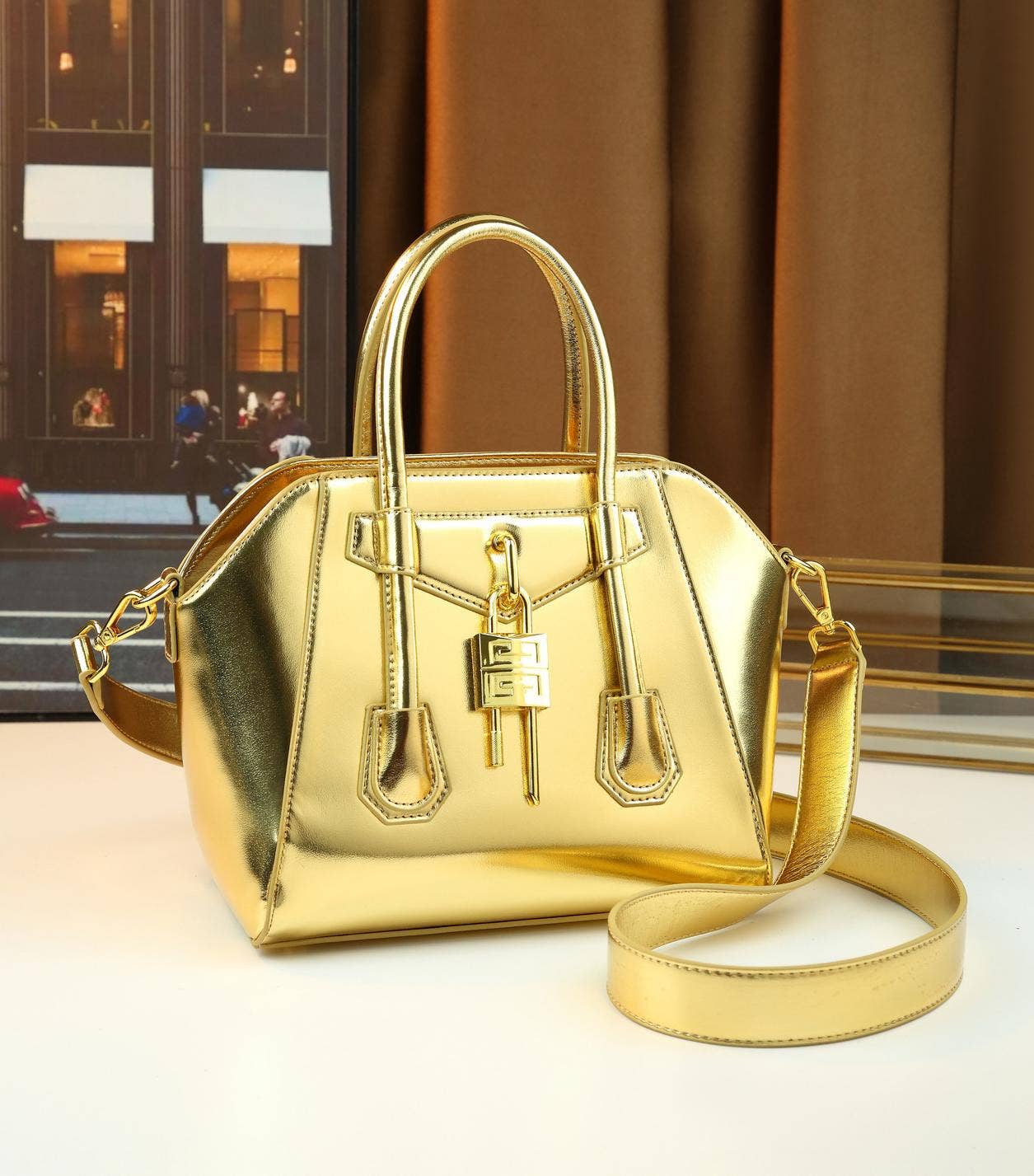 Lock Detail Cow Print Handbag Boston bag with 2 straps