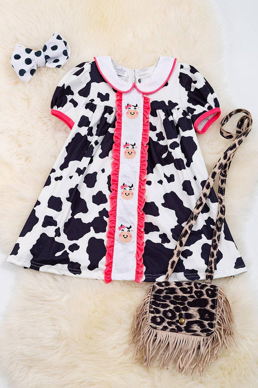 🐮Cow spotted dress with embroidered cows & fuchsia trim🐮DRG15134012 JEAN