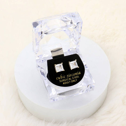 7mm Square Crystal CZ Stud Earrings with Clear Box
