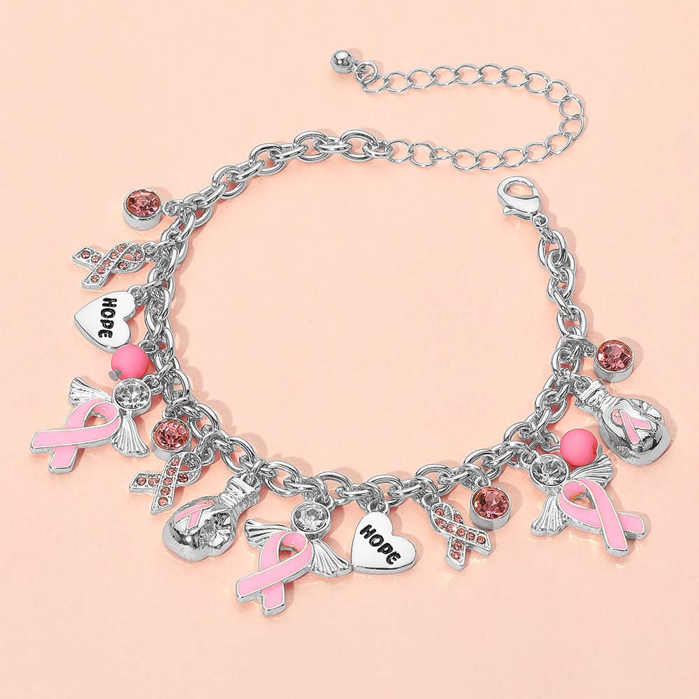 Awareness Pink Ribbon Inspirational Heart Message Charm Station Bracelet