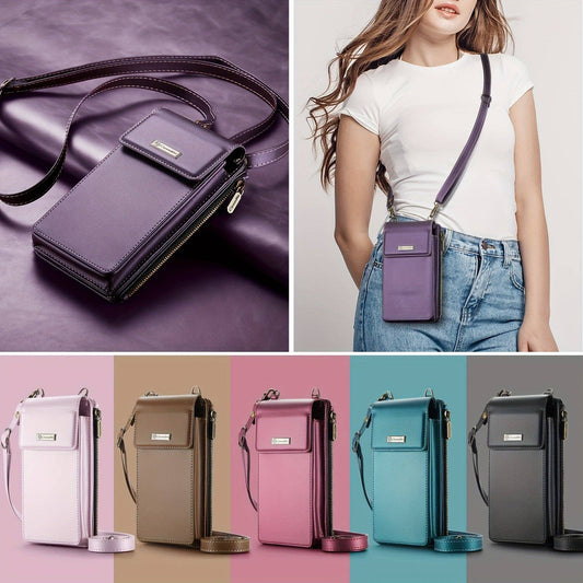 Stylish Women’s RFID Blocking Crossbody Phone Bag with Adjustable Strap, Card Slots & Secure Zipper Pocket - Sleek Synthetic Leather Shoulder Wallet in Multiple Colors (Purple, Pink, Red, Black, Brown), Phone Purse