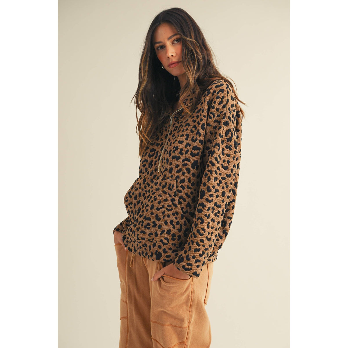 Leopard Loose Fit Zipper Pullover Top