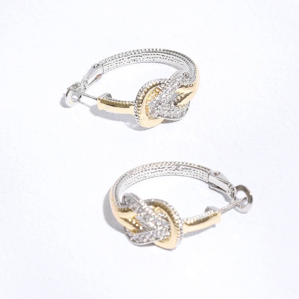 Two-Toned CZ Pave Knotted Huggie Hoop Earrings