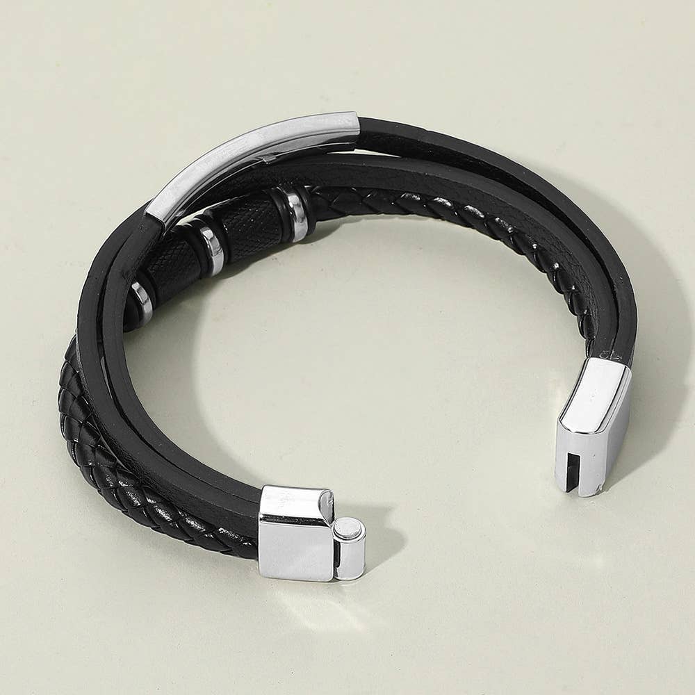 Mens Metal Accent Braided Smooth Genuine Leather Magnetic Bracelet