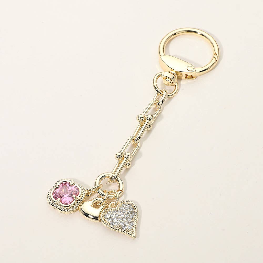 14K Gold Plated CZ Pave Heart Quatrefoil Charm Drop Keychain Bag Charm