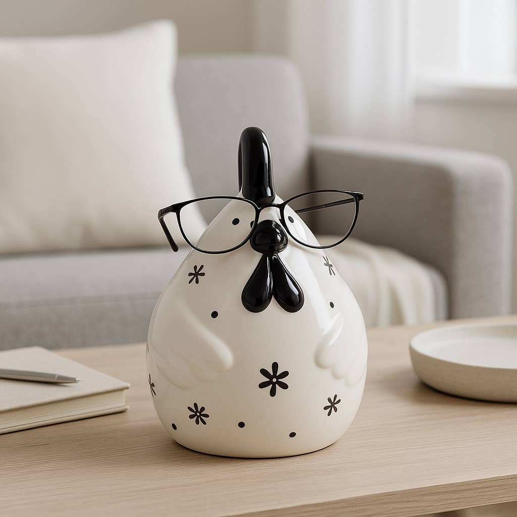 Black/White 7 in. Chubby Rooster with Glasses Figurine