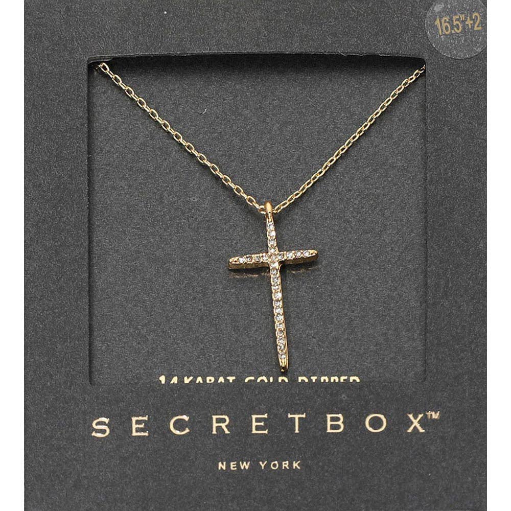 SECRET BOX_14K Gold Dipped Stone Paved Cross Pendant Necklace