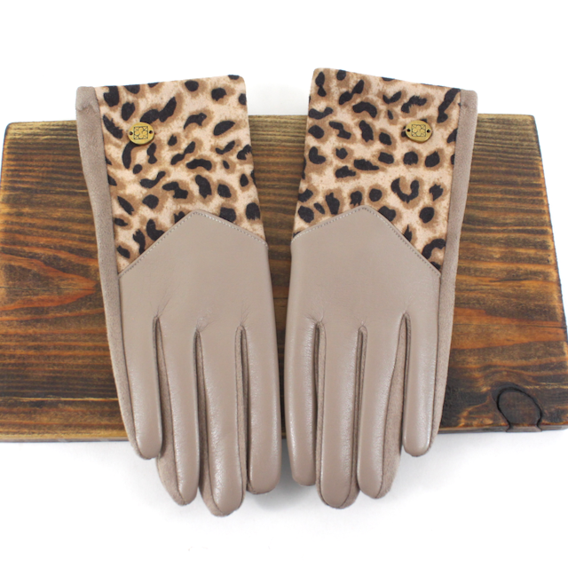 A26002 Faux Leather Leopard Contrast Gloves