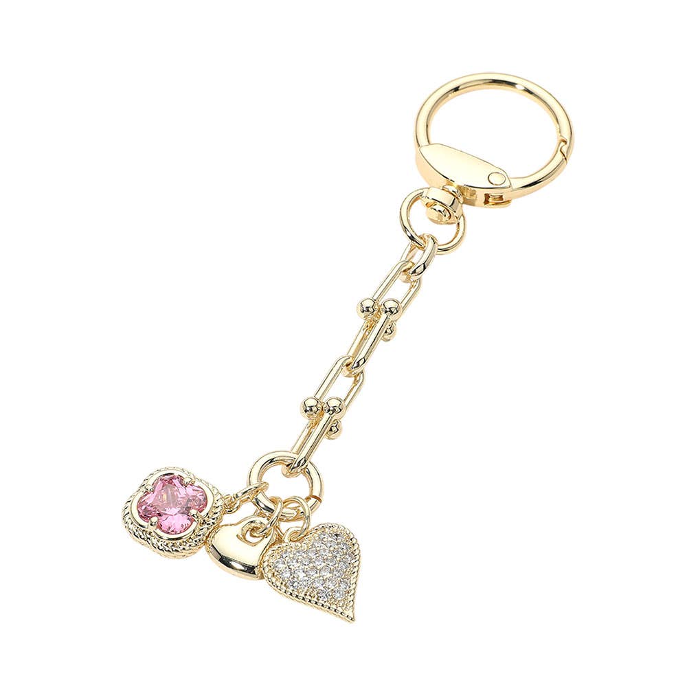 14K Gold Plated CZ Pave Heart Quatrefoil Charm Drop Keychain Bag Charm