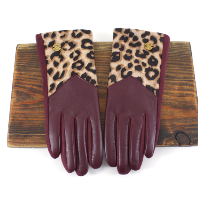 A26002 Faux Leather Leopard Contrast Gloves