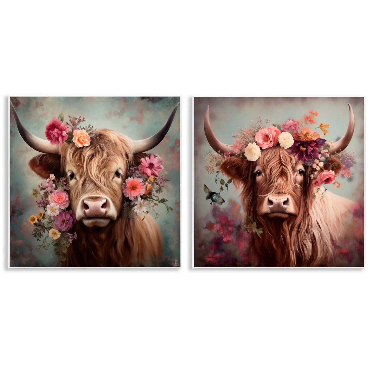 Highland Cow Field Flower Crown Wall Plaque Art