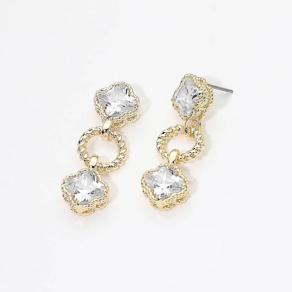 14K Gold Plated CZ Quatrefoil Charm Link Drop Earrings