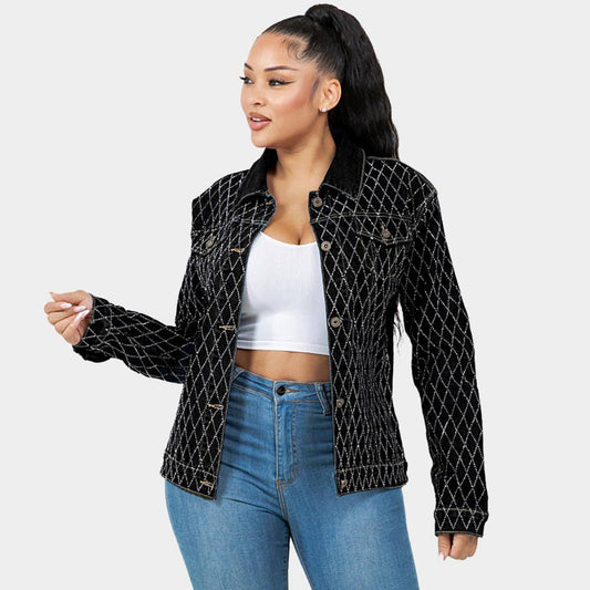 Diamond-Stitched Button-Up Denim Jacket