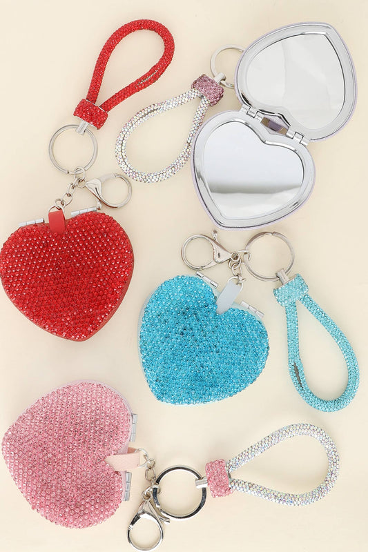 Heart Shaped Compact Mirror Wristlet Keychain