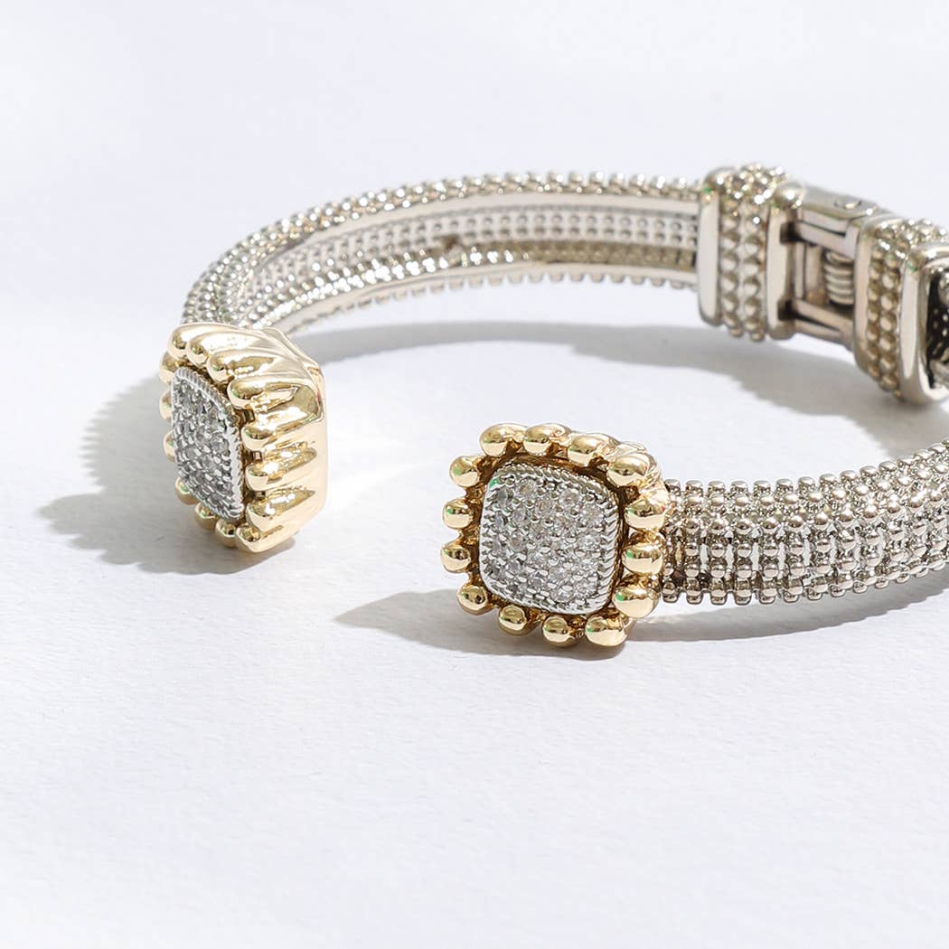Two Tone Square Pave CZ Edge Cuff Bangle Bracelet
