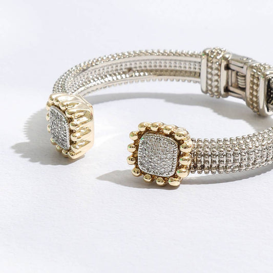 Two Tone Square Pave CZ Edge Cuff Bangle Bracelet