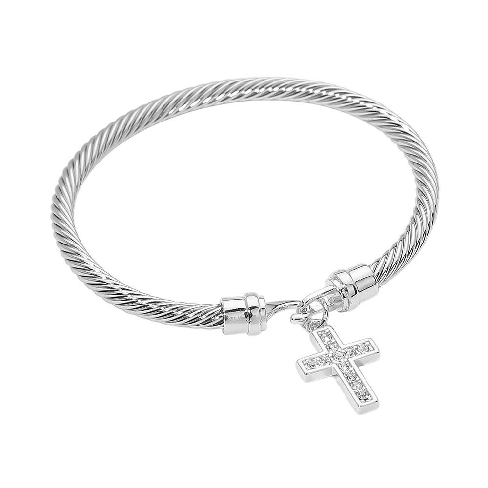 CZ Pave Cross Charm Cable Bangle Bracelet