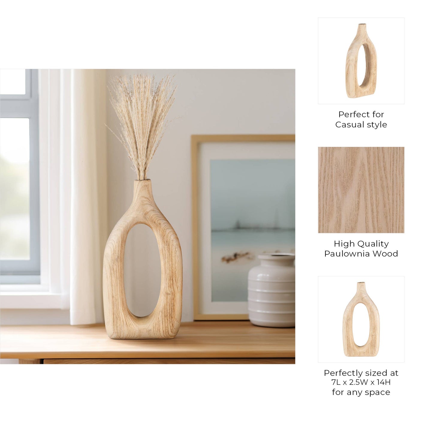 Wood Decorative Vase with Openwork Design - Brown, 14 in.