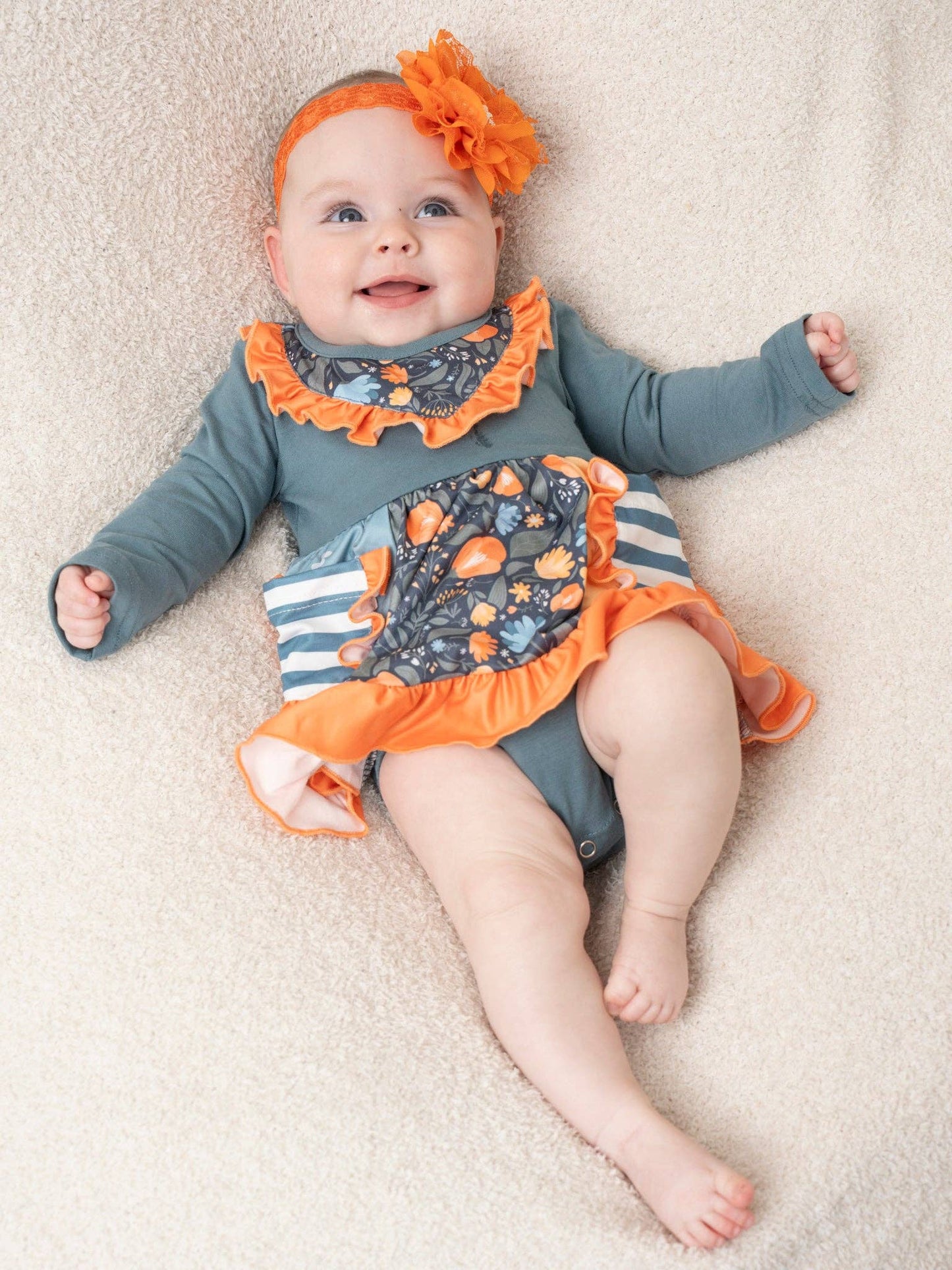 Cobalt & Orange Floral Stripe Peplum Ruffle Bubble