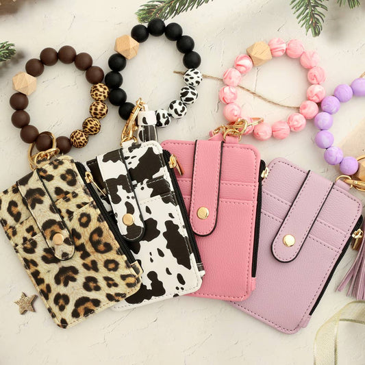 Multi-Colored Leopard Print Bracelet Card Slot Keychain