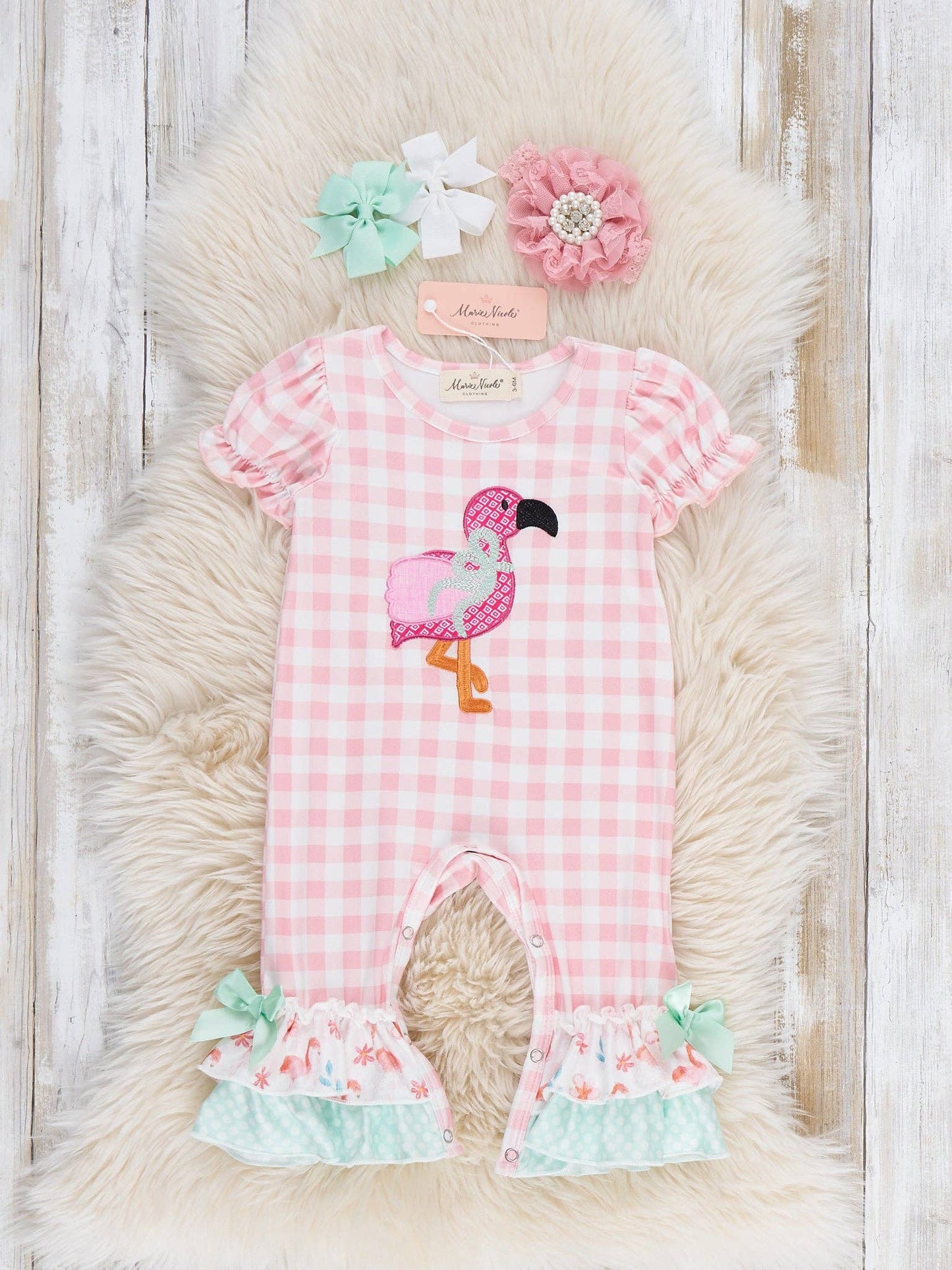 Flamingo Fizz Embroidered Plaid Ruffle Romper