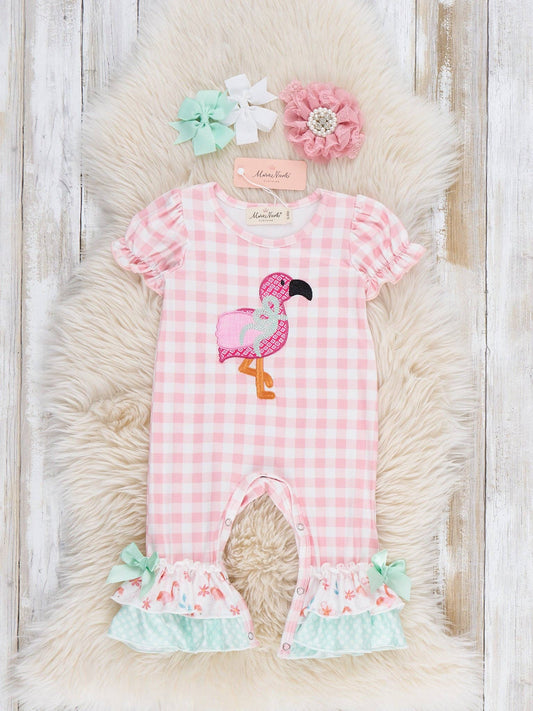 Flamingo Fizz Embroidered Plaid Ruffle Romper