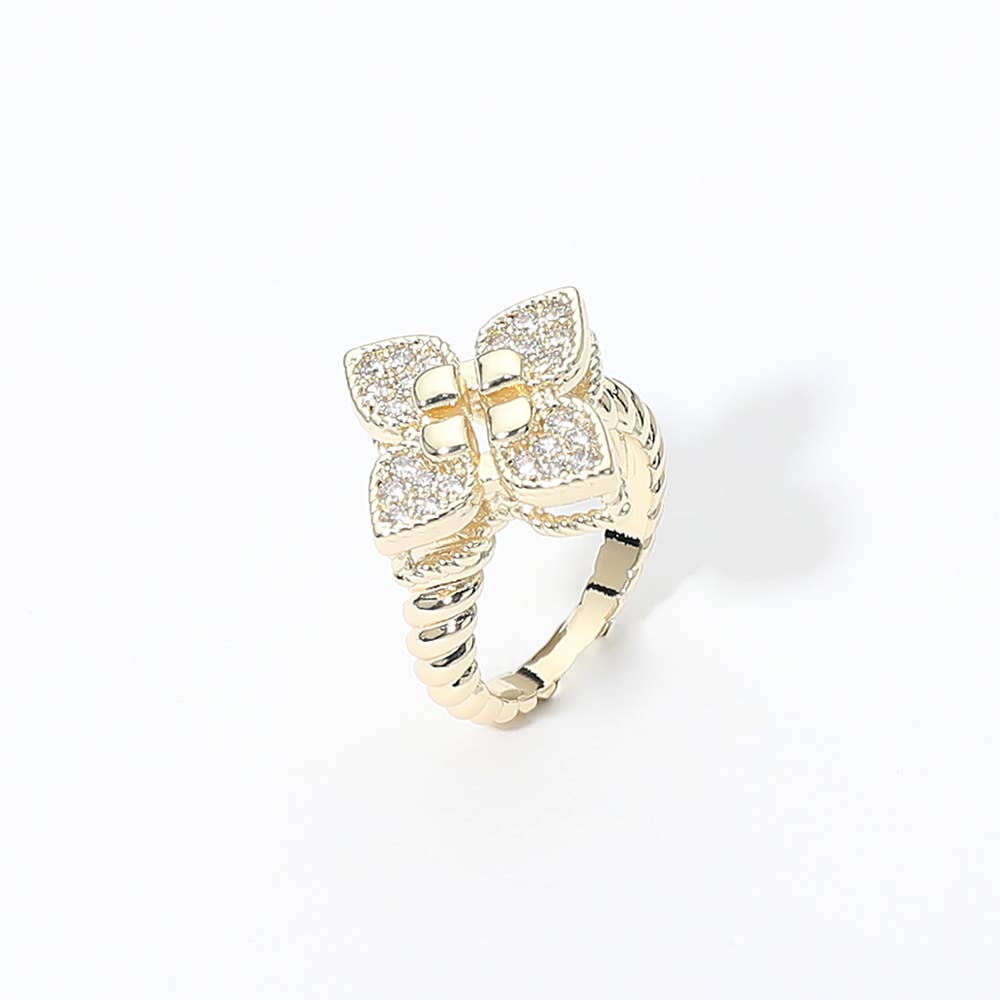 14K Gold Plated CZ Stone Paved Clover Ring
