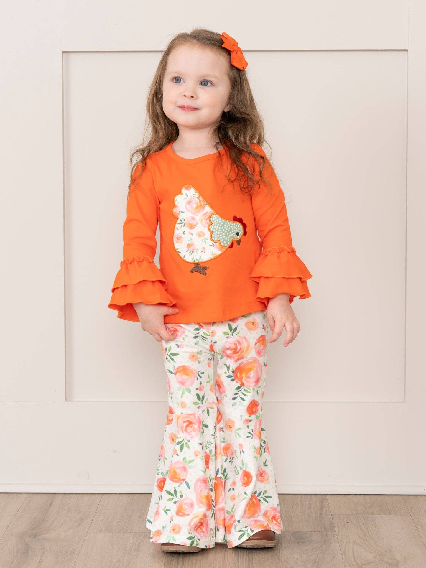 Orange Ruffle Floral Chicken Bell Bottom Outfit