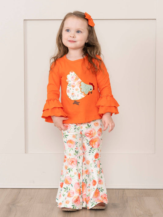 Orange Ruffle Floral Chicken Bell Bottom Outfit