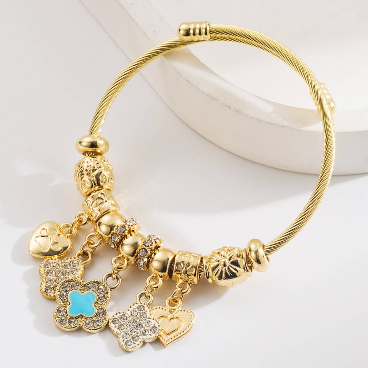 Trendy Gold Clover Heart Charm Bracelet_CWMM8491
