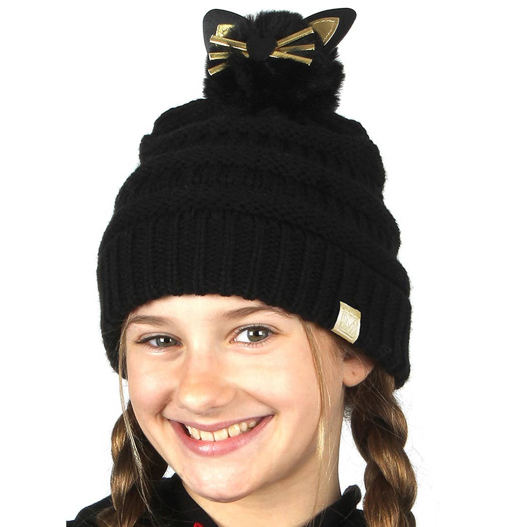 Kids Winter Beanie Hat with Kitty Pom Pom