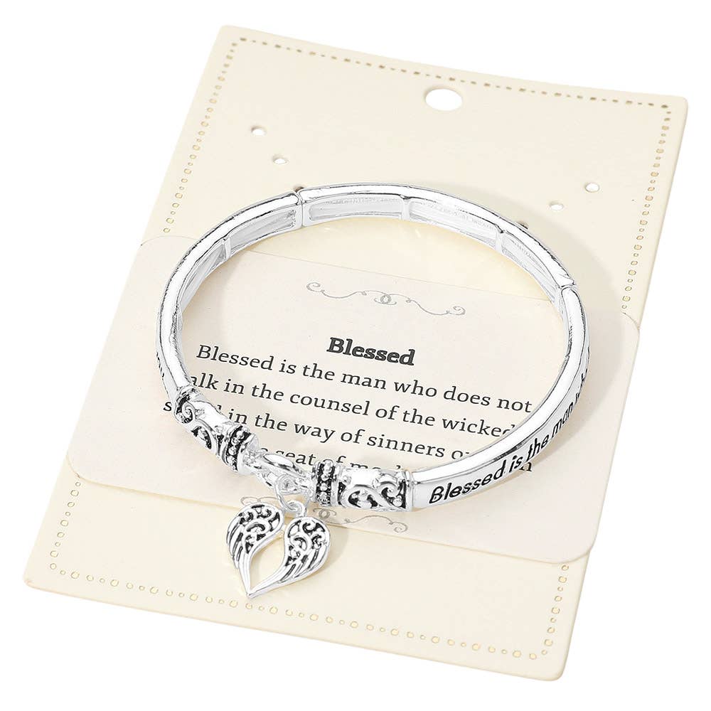 Blessed Inspirational Religious Message Heart Angel Wing Charm Stretch Bangle Bracelet