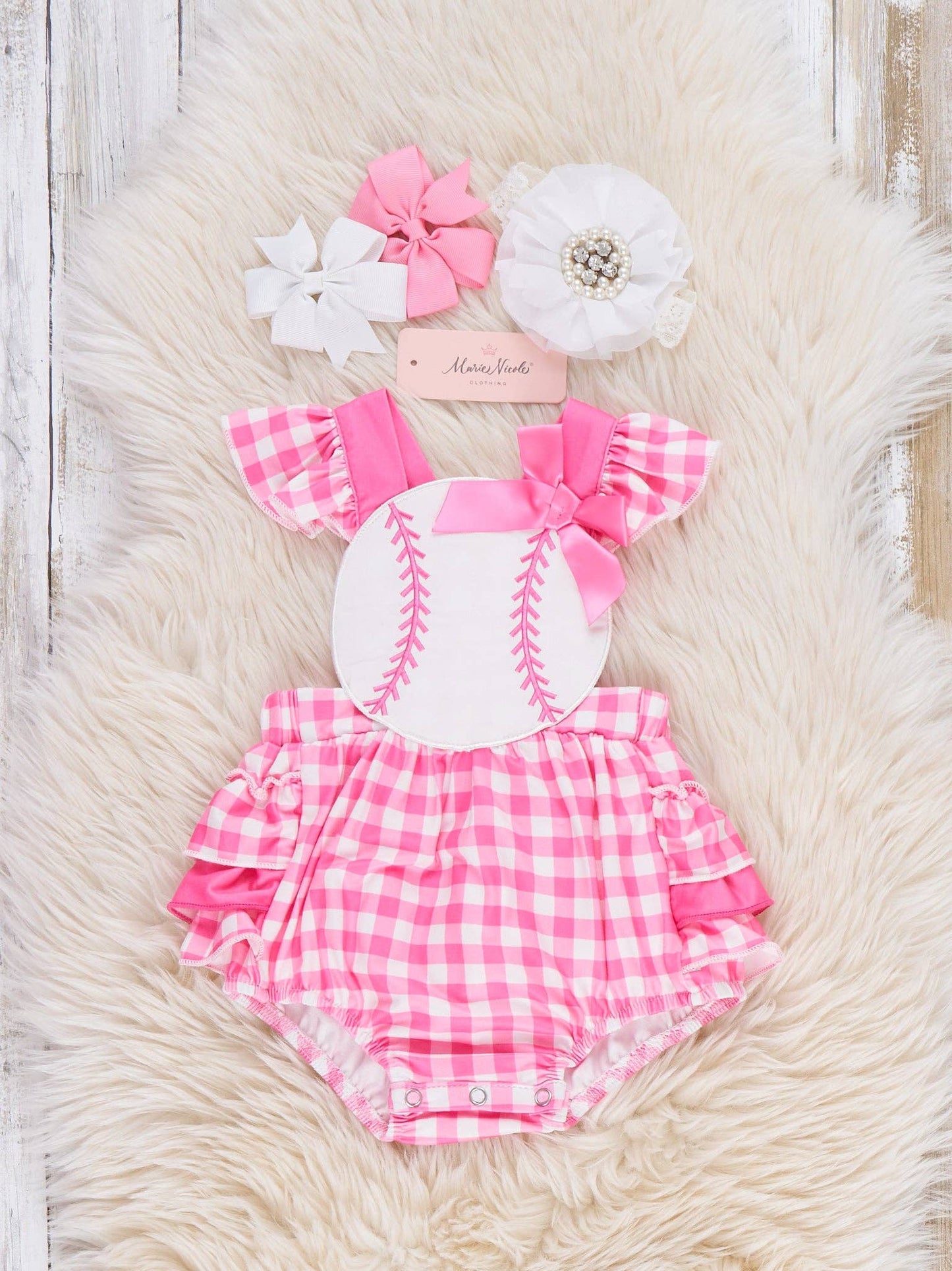Little Slugger Check Embroidered Ruffle Bubble Romper