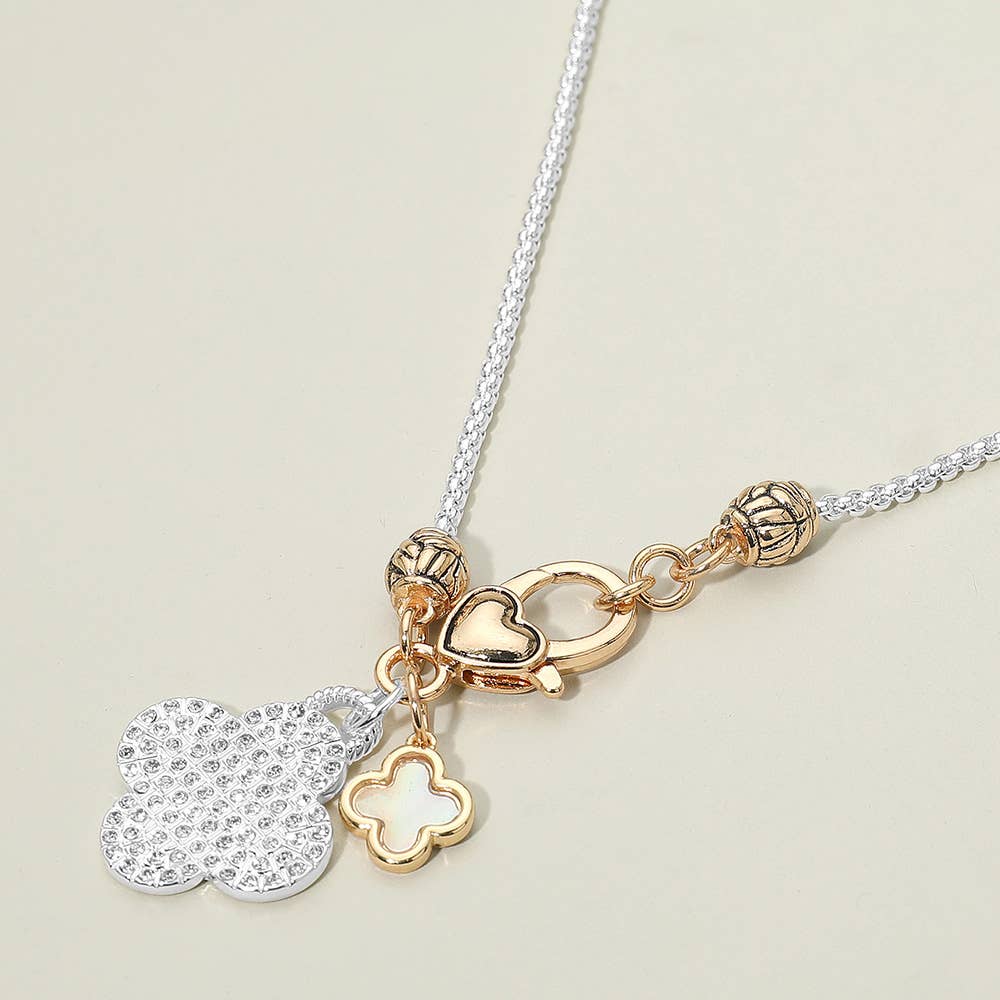 Stone Paved Mother of Pearl Quatrefoil Pendants Necklace