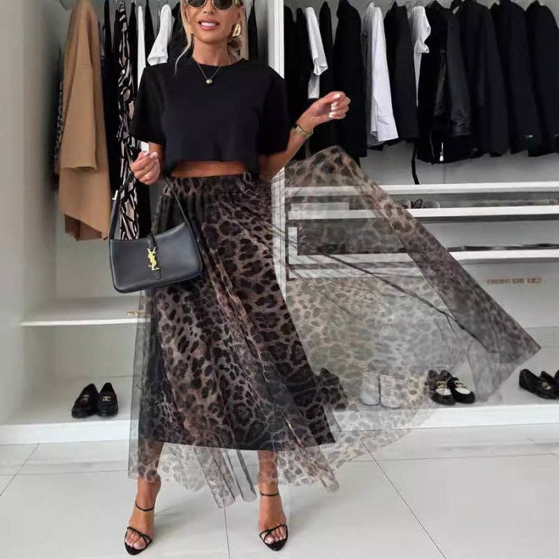 Women Fashion Mesh Leopard Print Chiffon Skirt