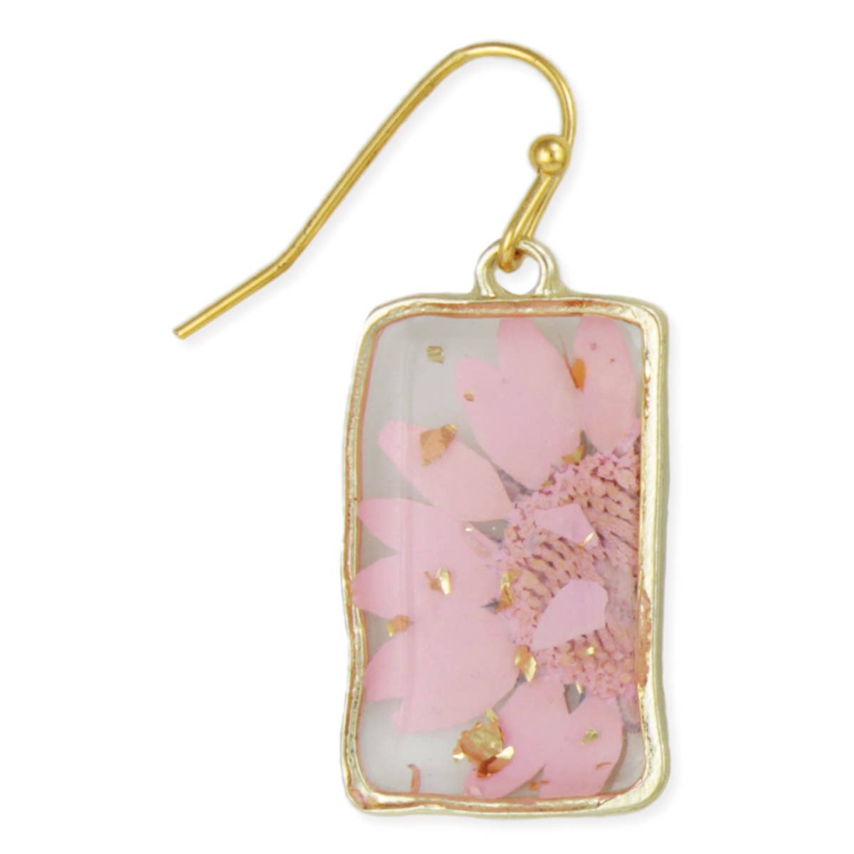 Pink Dried Flower Rectangle Gold Earrings