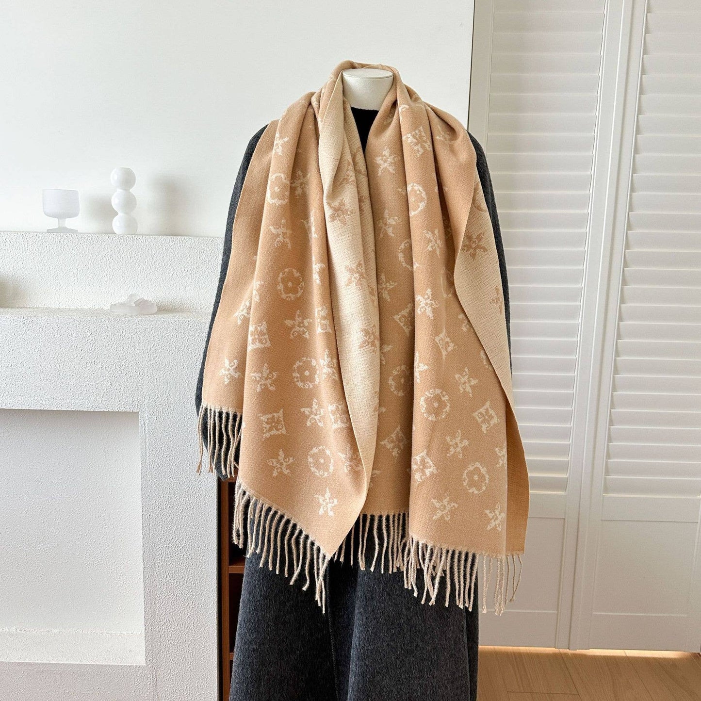 British-Style Geometric Reversible Jacquard Fringe Scarf