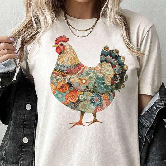 Colorful Chicken Farm Country Western Cowgirl Graphic Tee