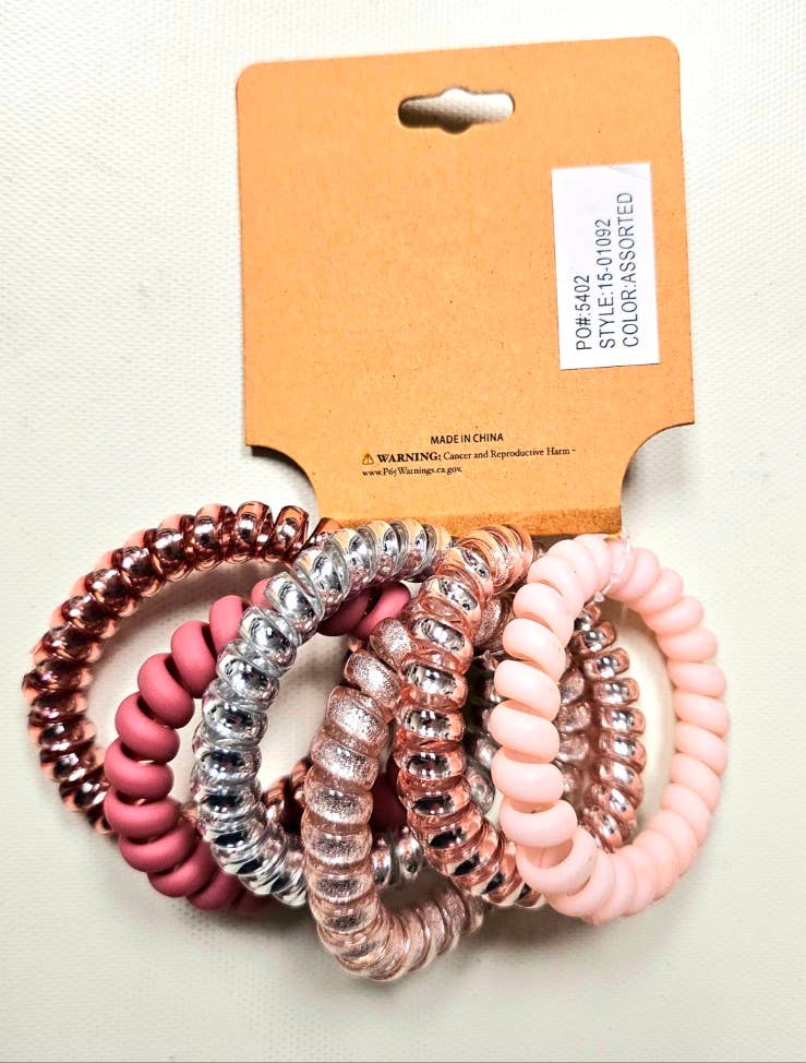 6 Pk No-Crease Spiral Coil Hair Ties Set - Rose Gold & Pink