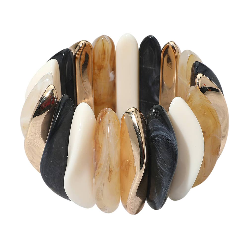 Celluloid Acetate Metal Abstract Bar Beaded Stretch Bracelet