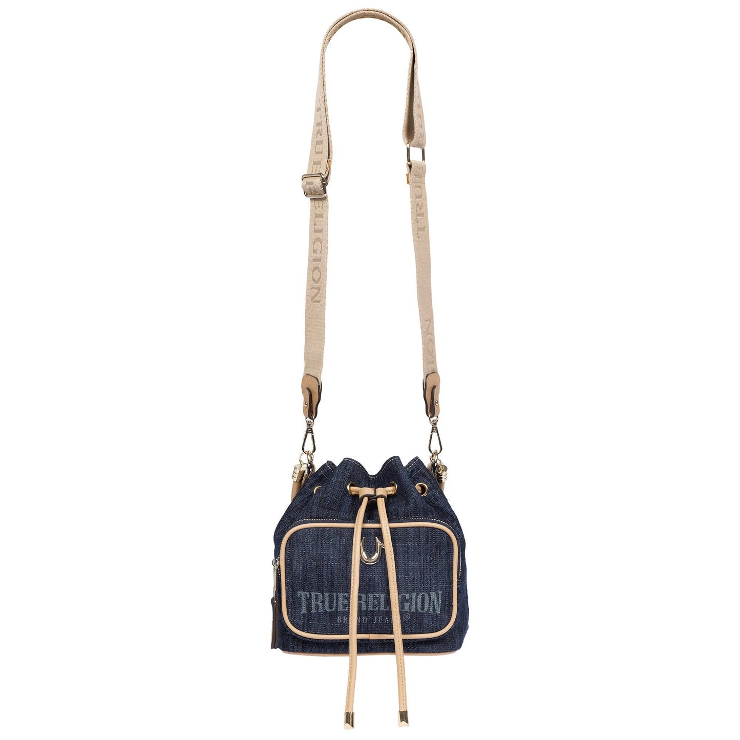 True Religion Bryce Denim & PU Bucket Bag – Women’s Designer Drawstring Bucket Handbag with Crossbody Strap (Dark Denim)
