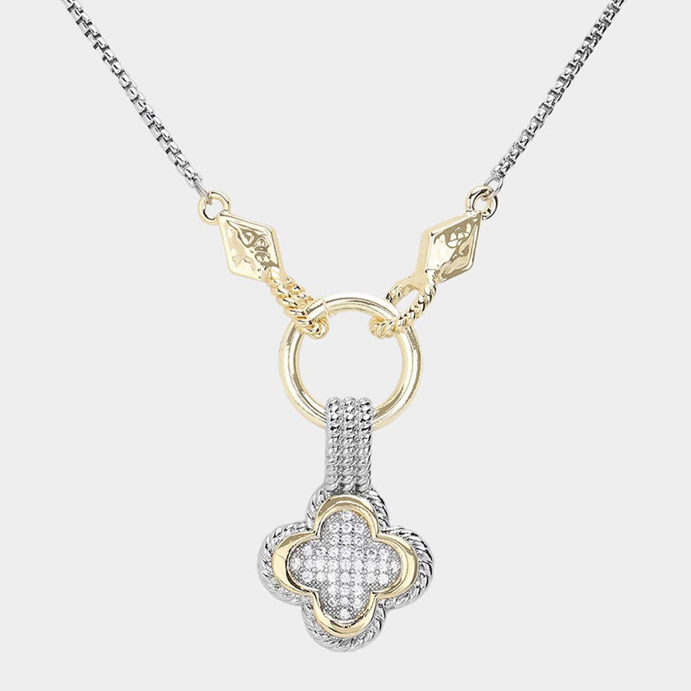 14K Gold Plated Two Tone CZ Stone Paved Quatrefoil Necklace
