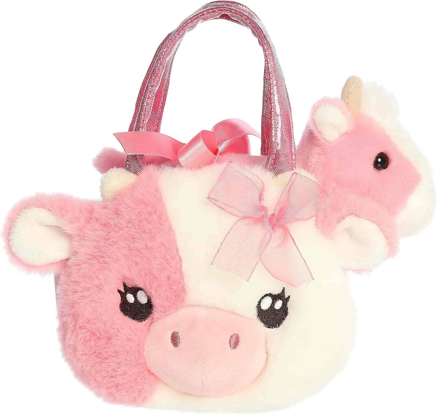 8" Plush Strawberry Cow in Fuzzy Face Purse Carrier