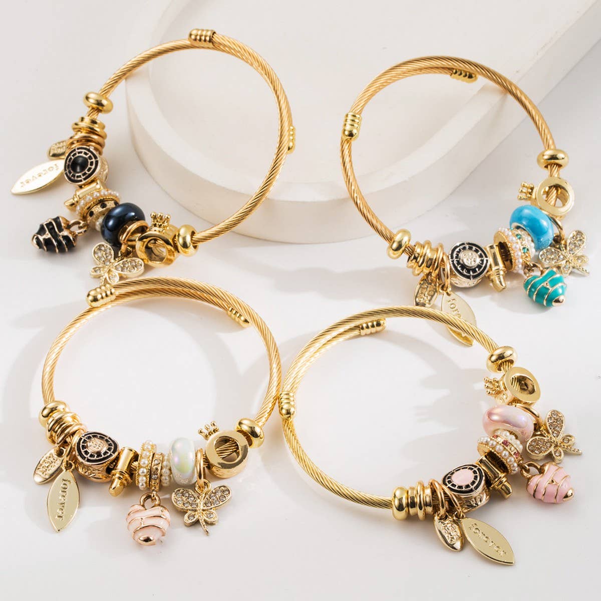 Travel Style Steel Bracelet with Rhinestone Charms_CWMM8584