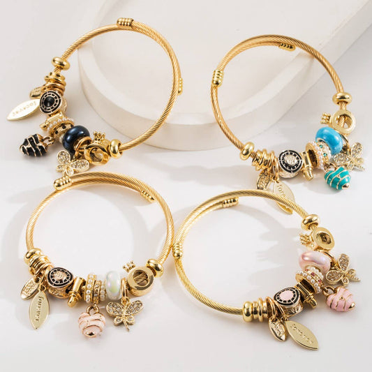 Travel Style Steel Bracelet with Rhinestone Charms_CWMM8584