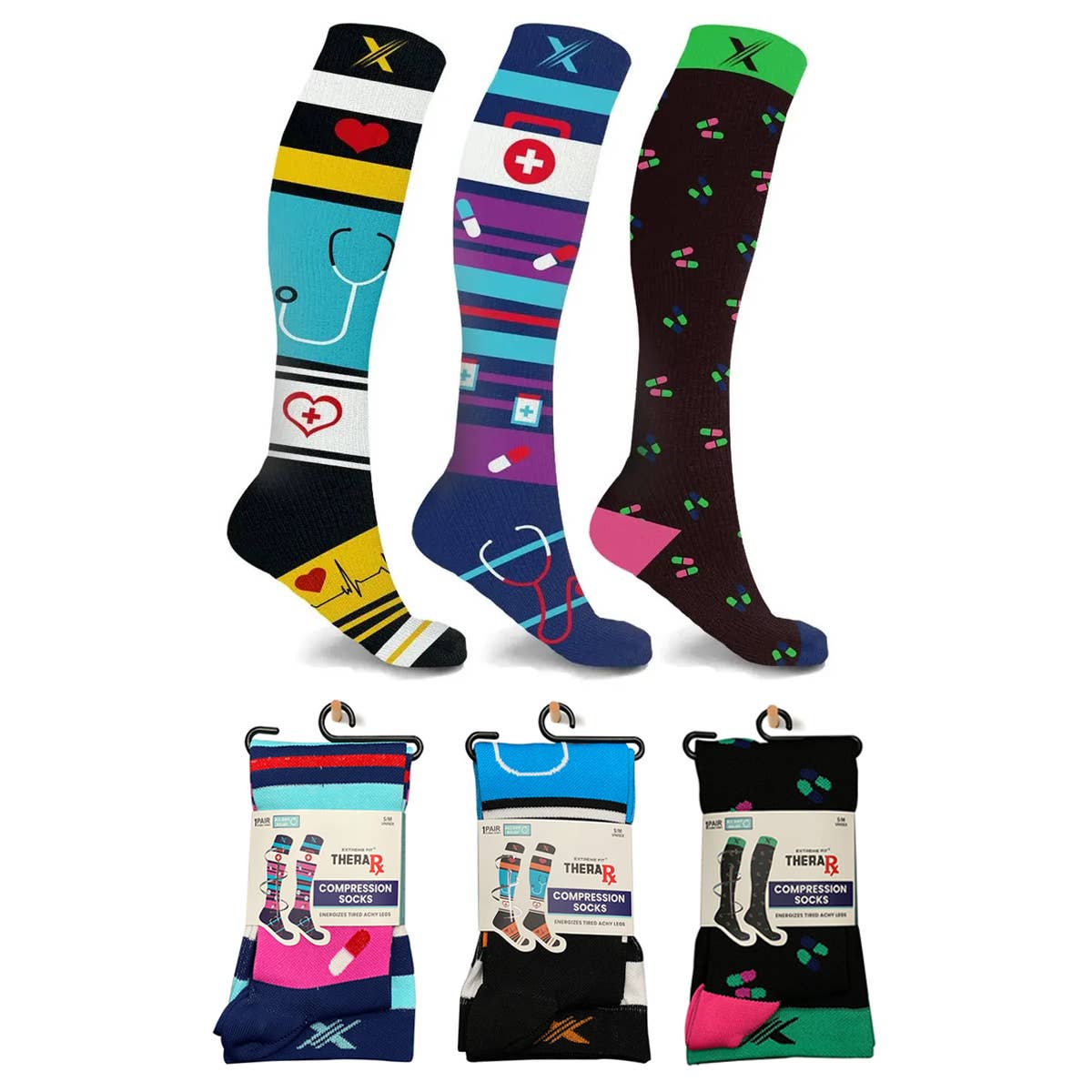 THERA RX NURSE INSPIRED COMPRESSION SOCKS - 3 ASST STYLES