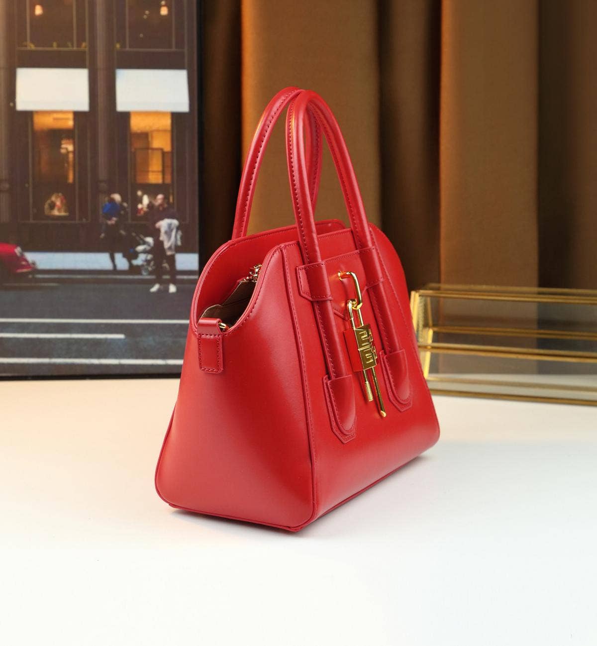 Lock Detail Cow Print Handbag Boston bag with 2 straps