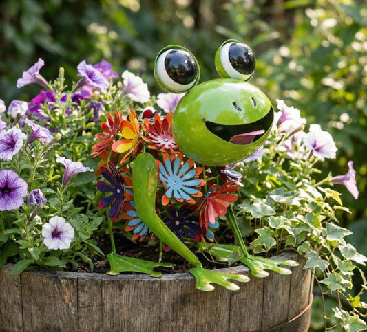 Solar Frog Statue with Colorful Metal Enameled Flower Body